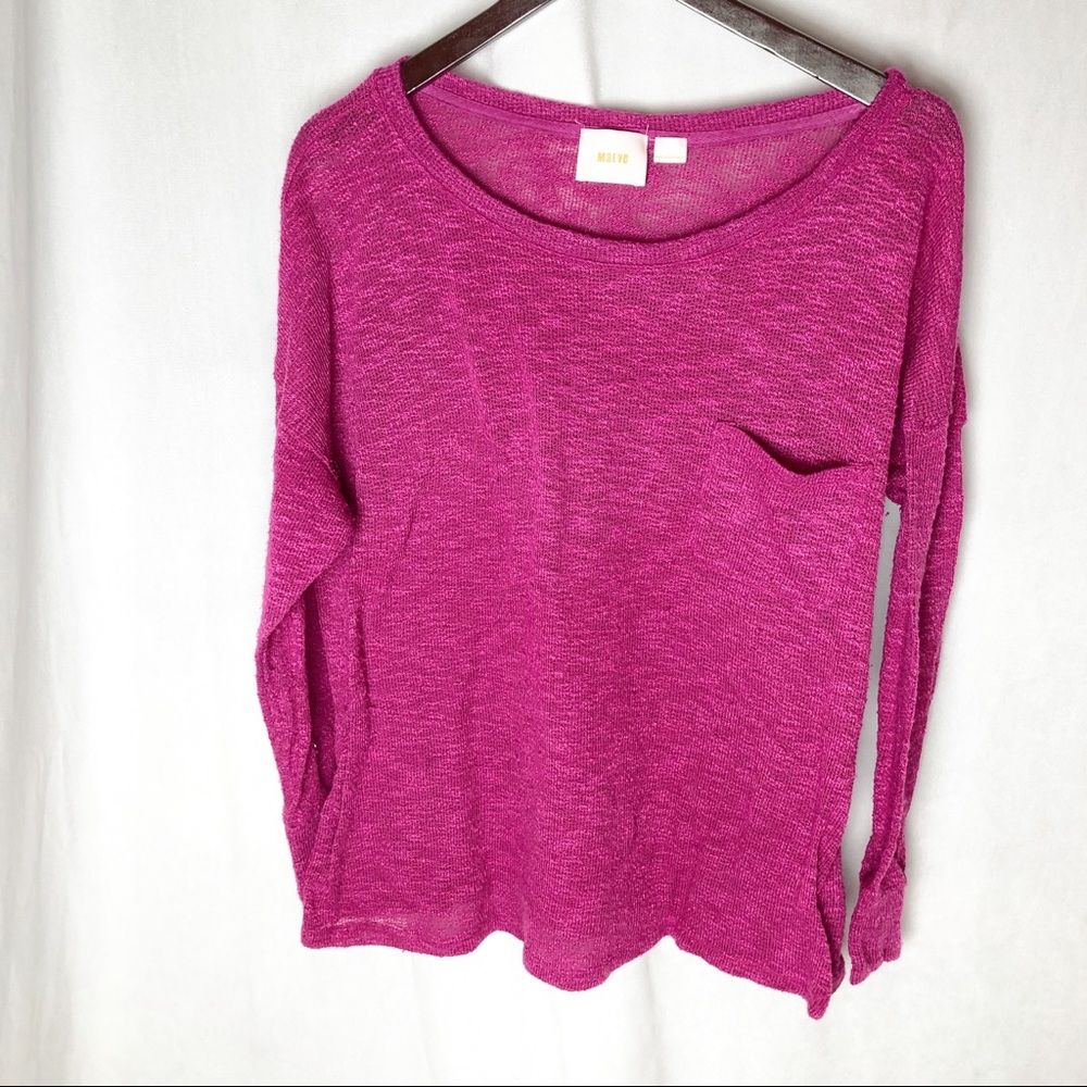Maeve Anthropologie Anthro Open Weave Hot Pink Knit Long Sleeve Top Size Large
